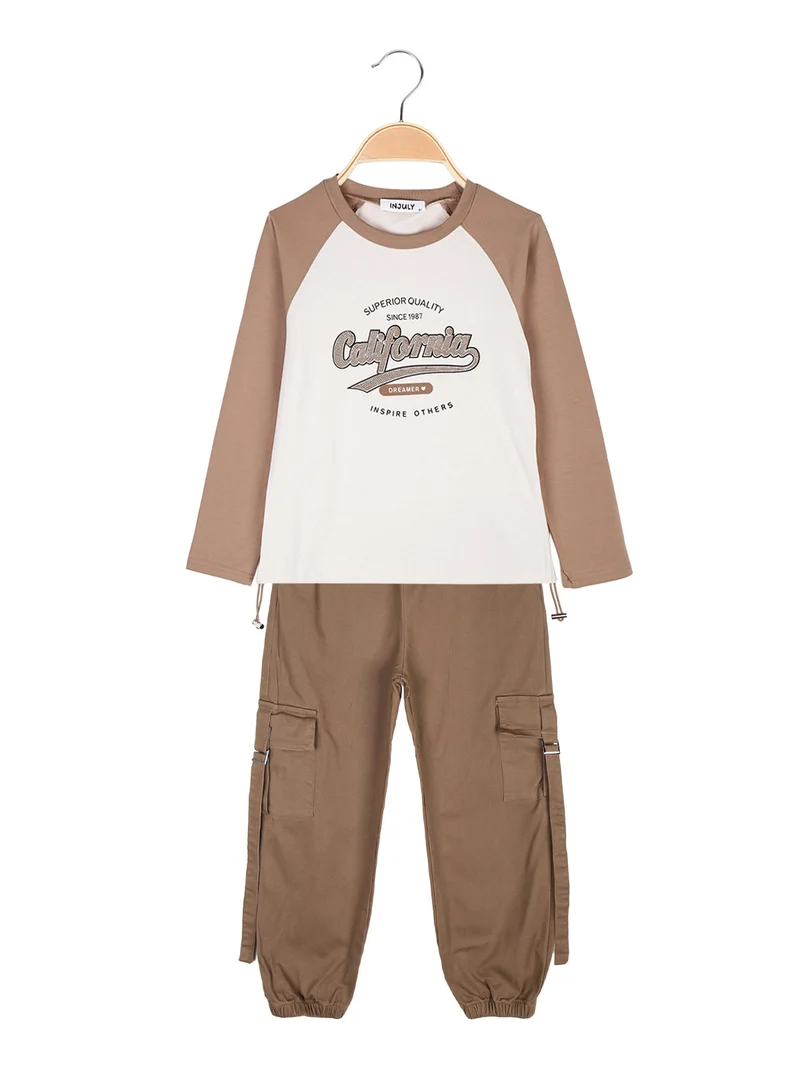 Completo 2 pezzi da ragazza maglietta + pantaloni con tasconi - cammello