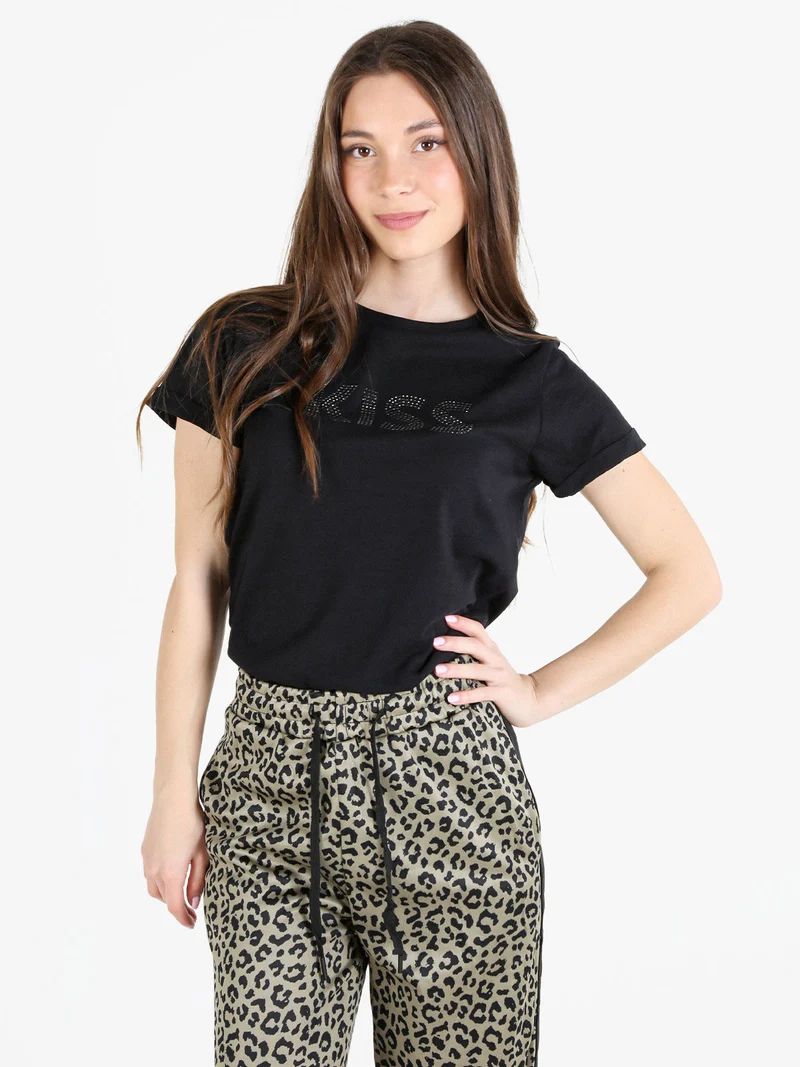 T-shirt donna in cotone con borchie - nero