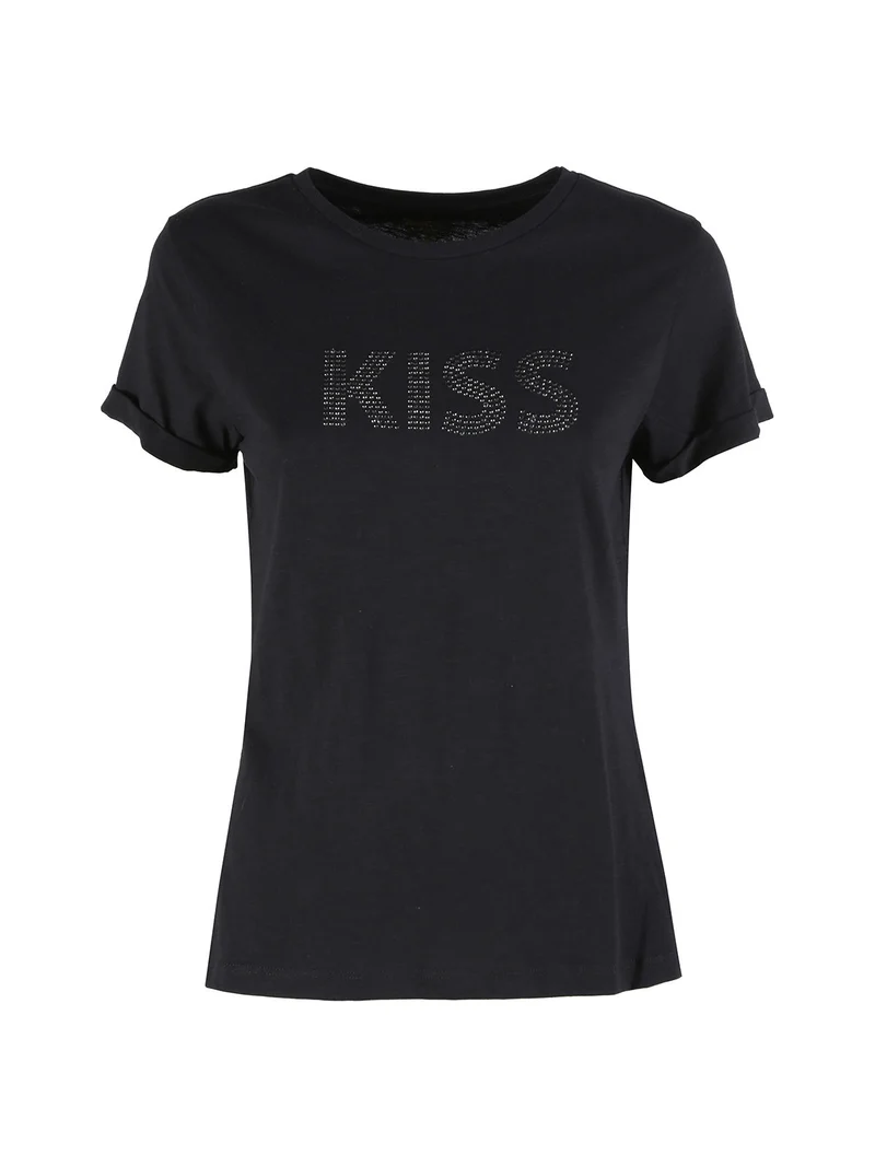 T-shirt donna in cotone con borchie - nero