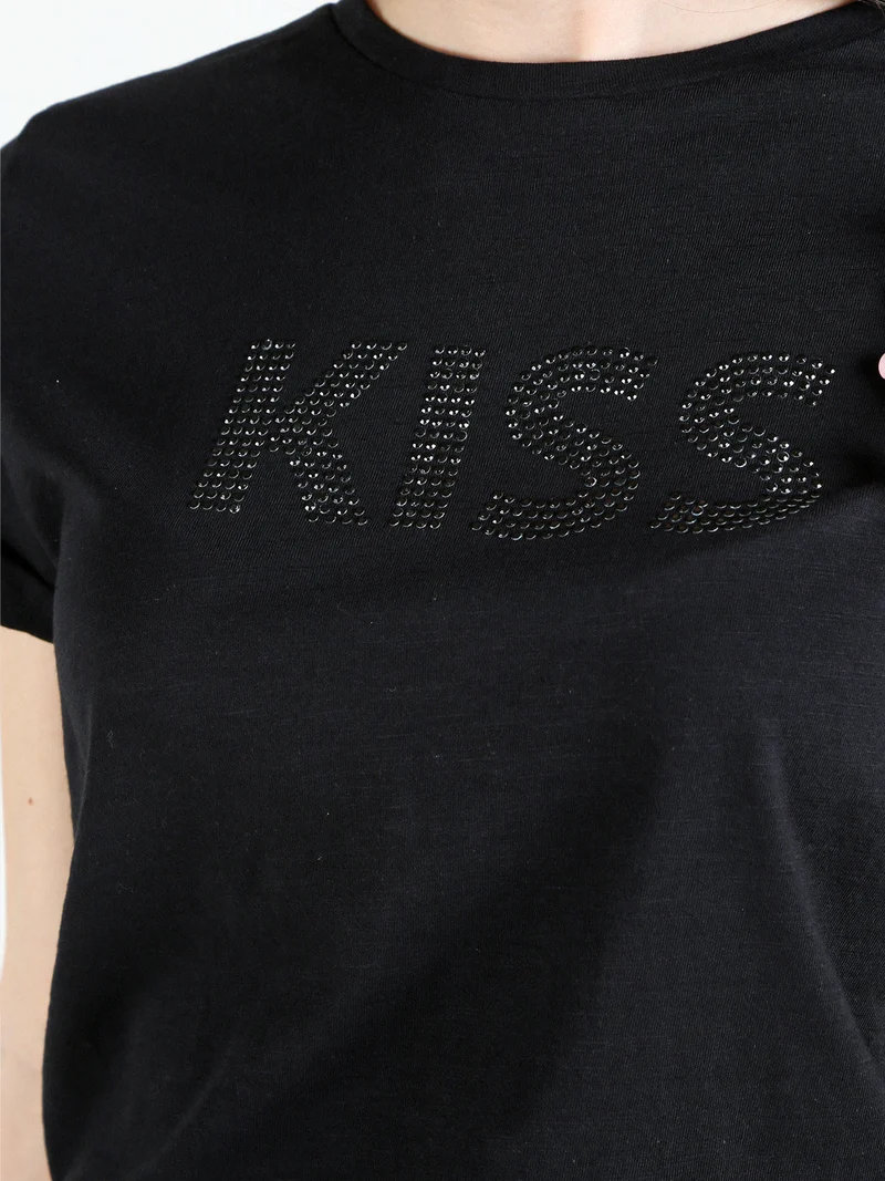 T-shirt donna in cotone con borchie - nero