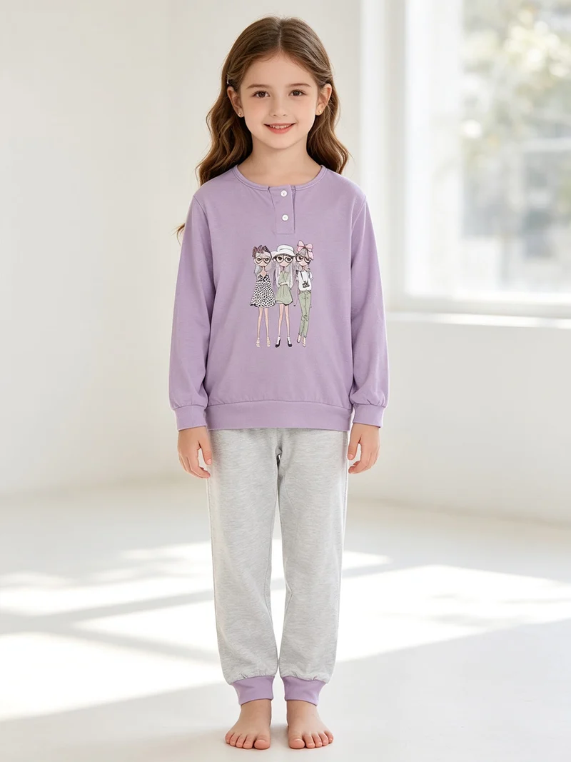 Pigiama lungo in cotone da bambina - lilla