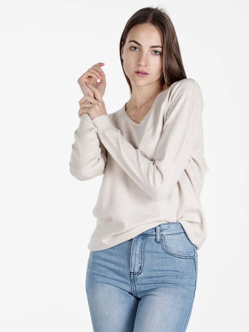 Pullover donna in maglia con scollo V - panna