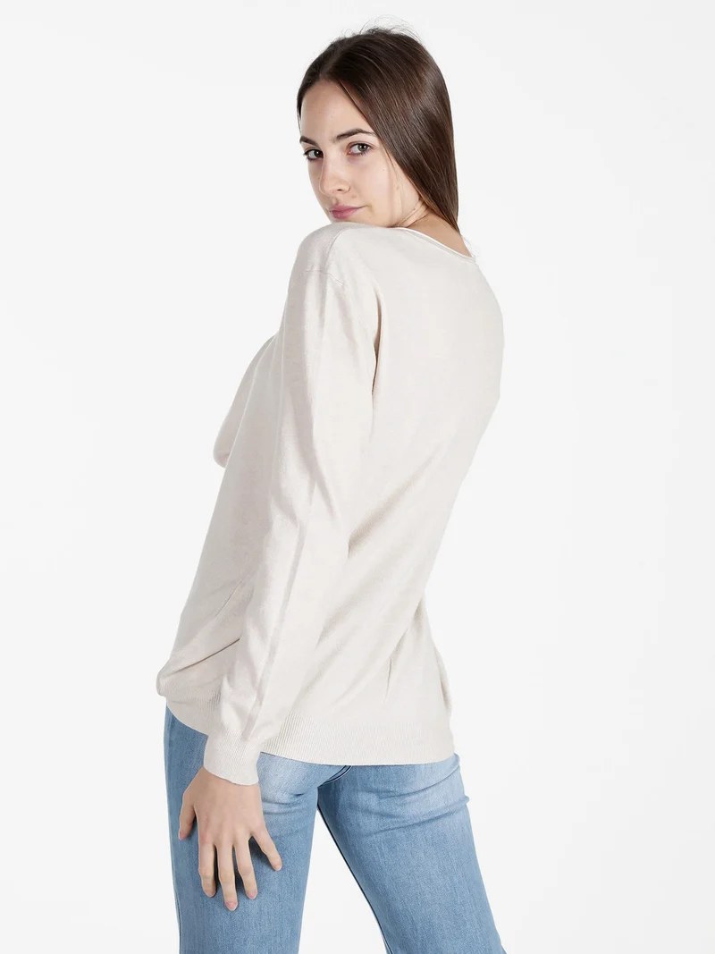 Pullover donna in maglia con scollo V - panna