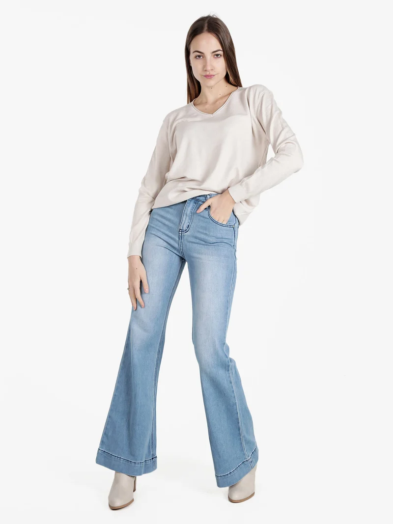 Pullover donna in maglia con scollo V - panna