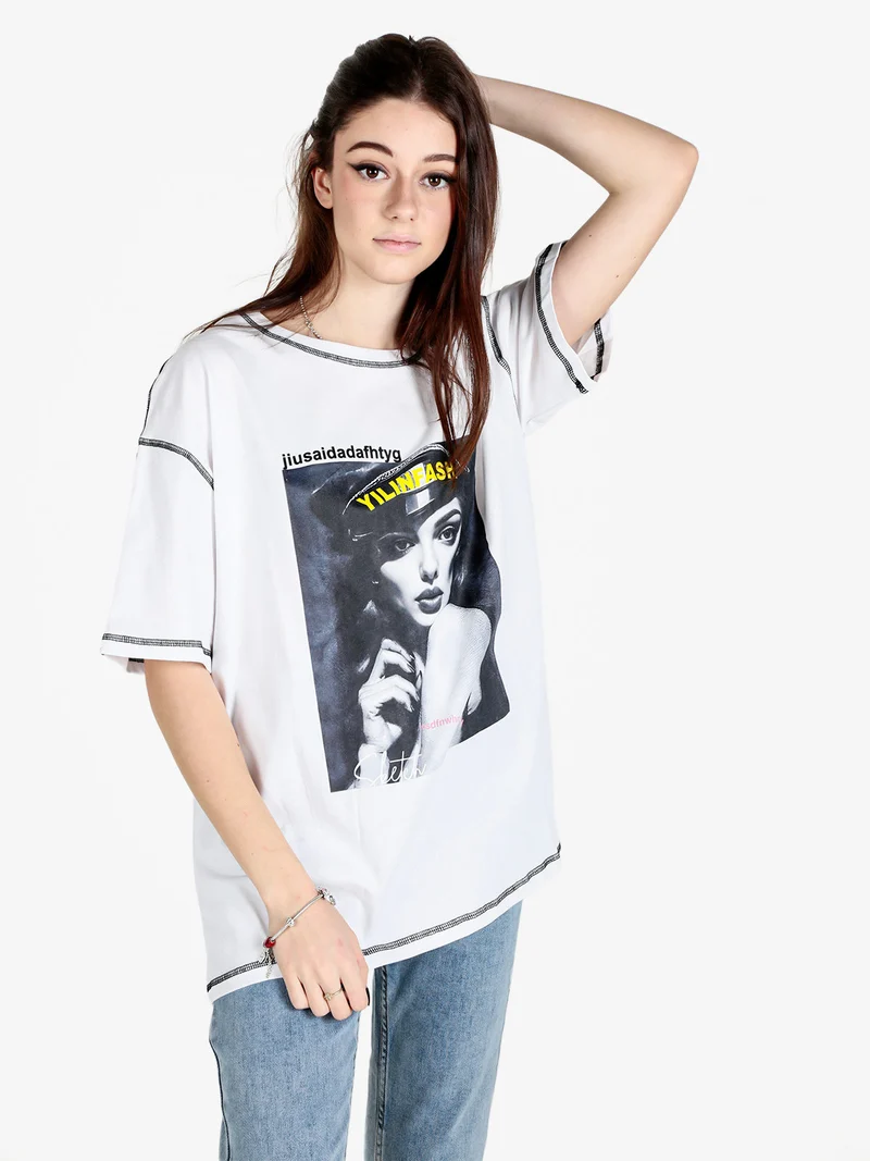 Maxi t-shirt donna oversize con stampa - bianco