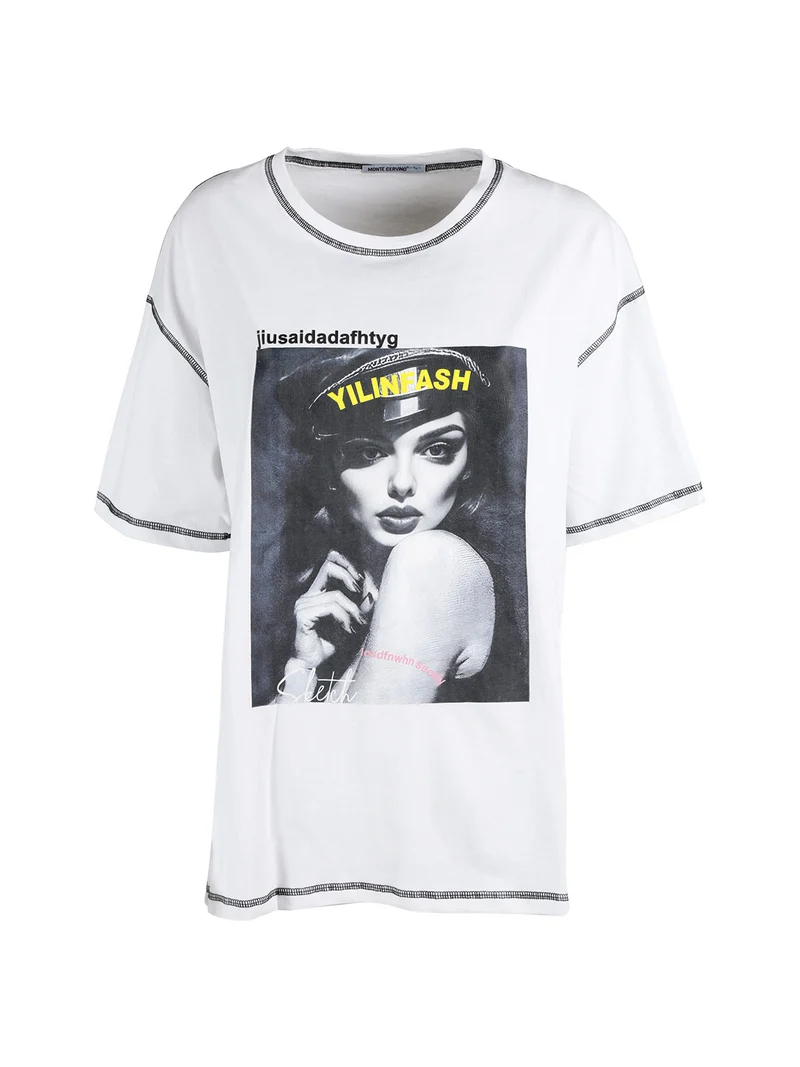 Maxi t-shirt donna oversize con stampa - bianco
