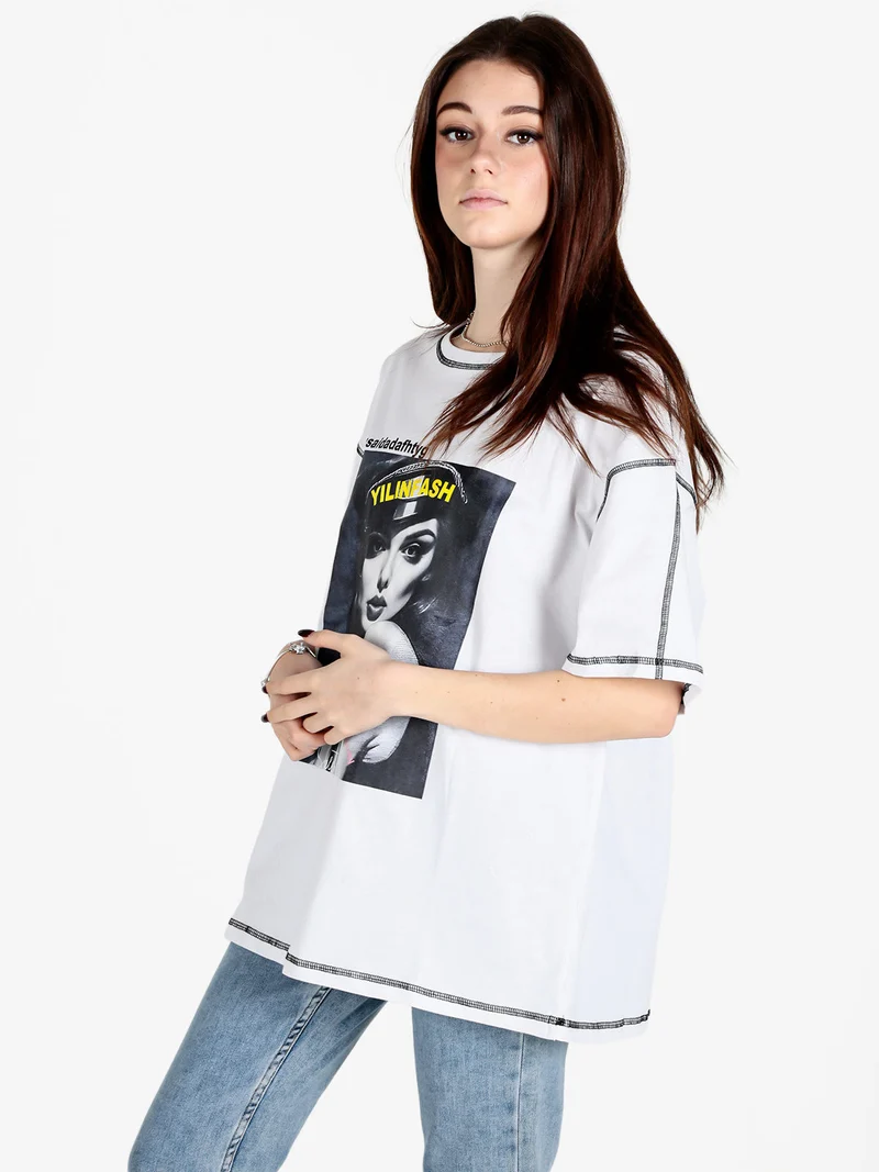 Maxi t-shirt donna oversize con stampa - bianco