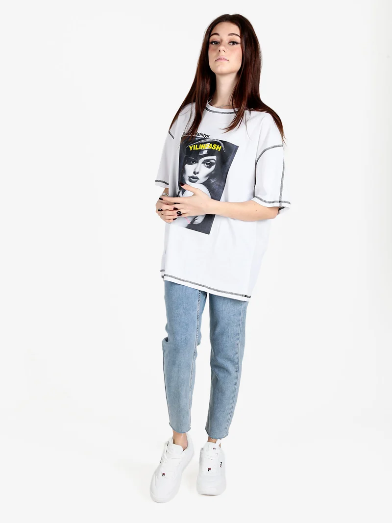 Maxi t-shirt donna oversize con stampa - bianco