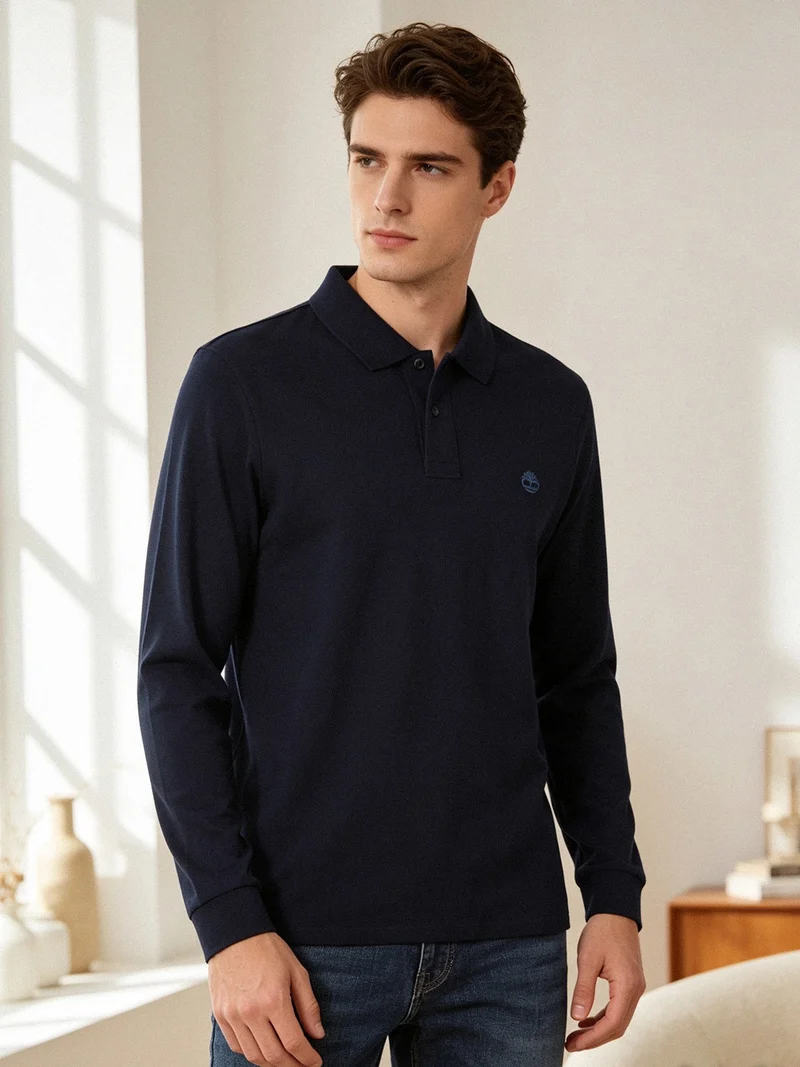 Polo da uomo in cotone a maniche lunghe slim fit - blu scuro