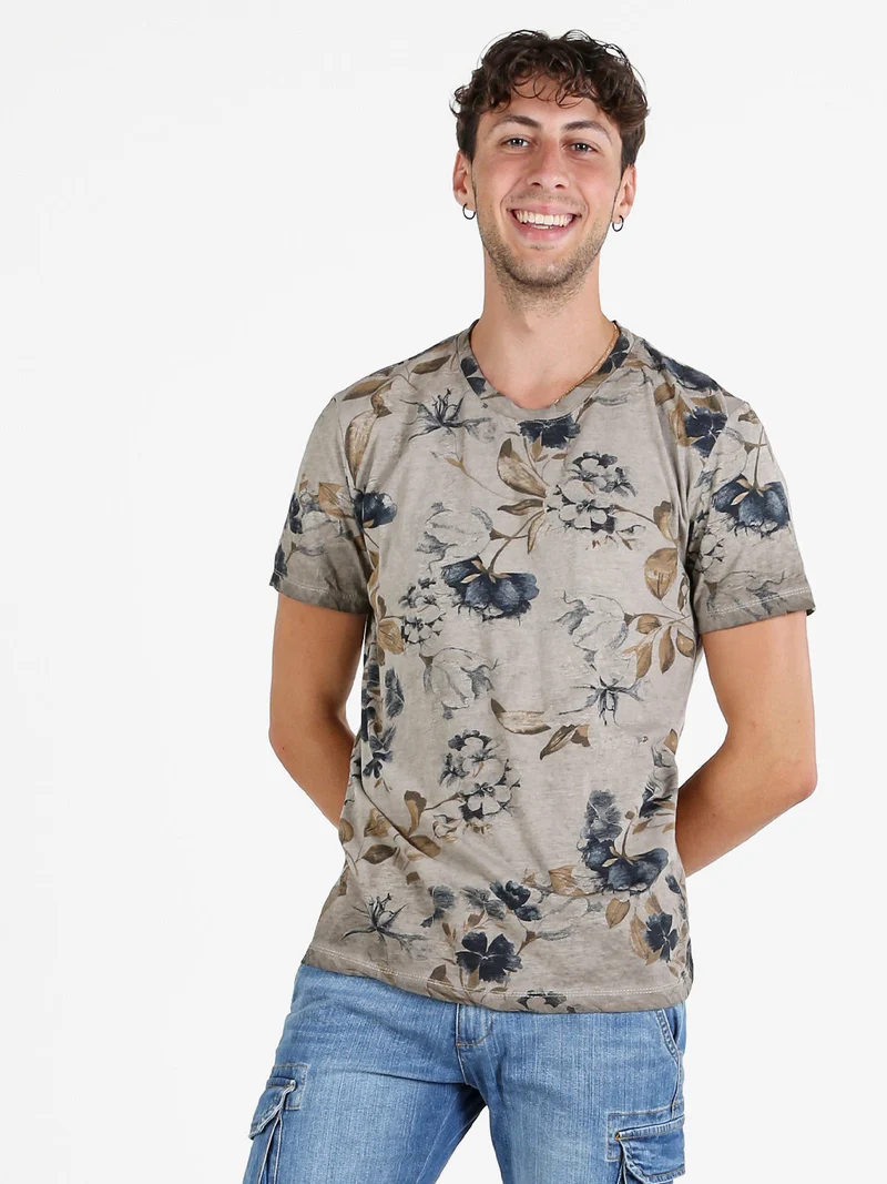T-shirt uomo floreale in cotone - fango