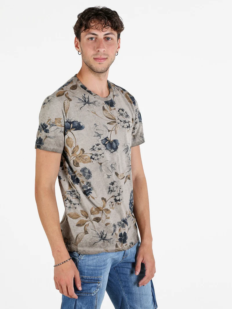 T-shirt uomo floreale in cotone - fango