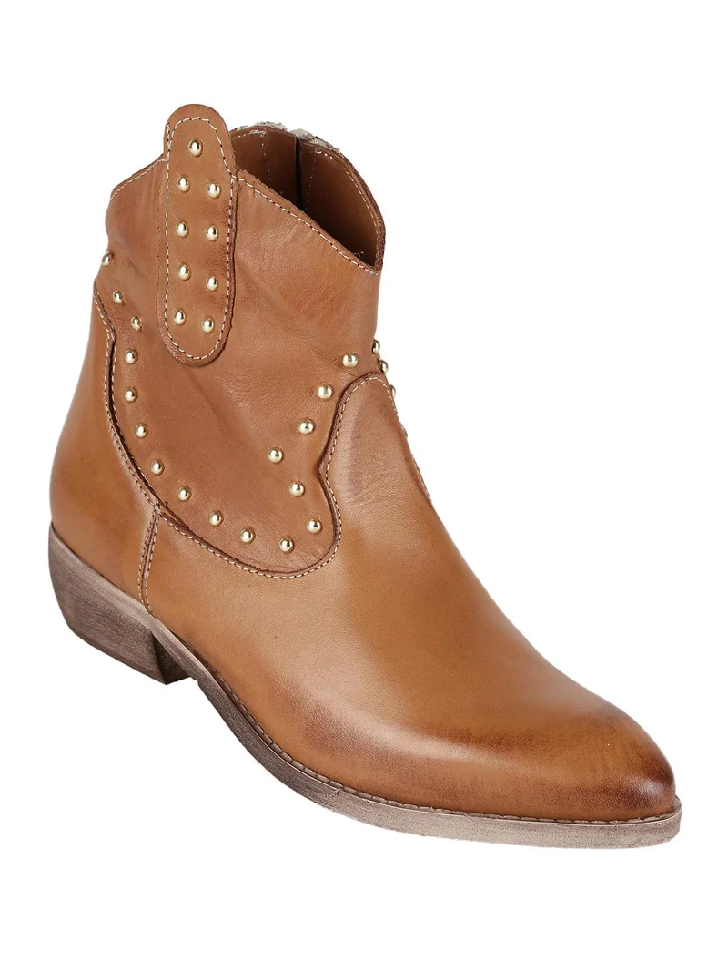 Stivaletti in pelle donna con borchie - cuoio