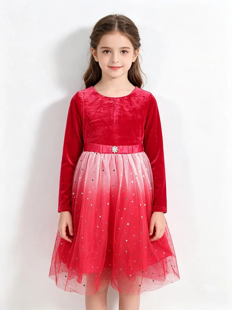 Vestito elegante da bambina in velluto e tulle - rosso