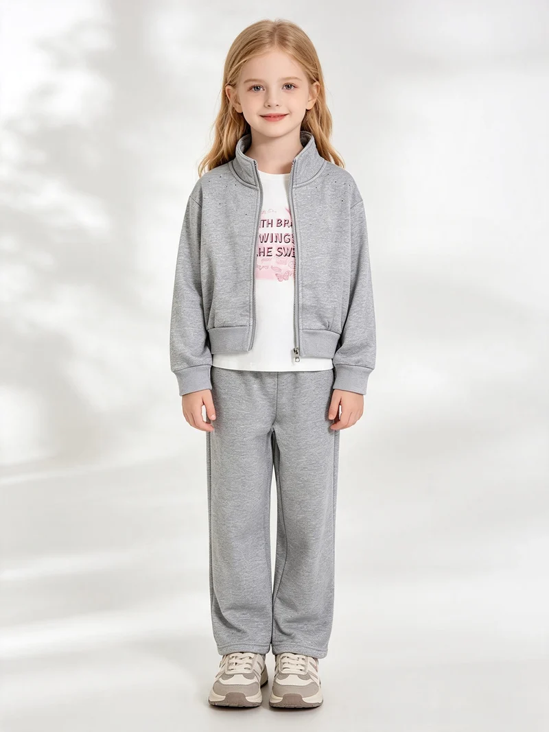 Completo tuta da bambina 3 pezzi con strass - grigio