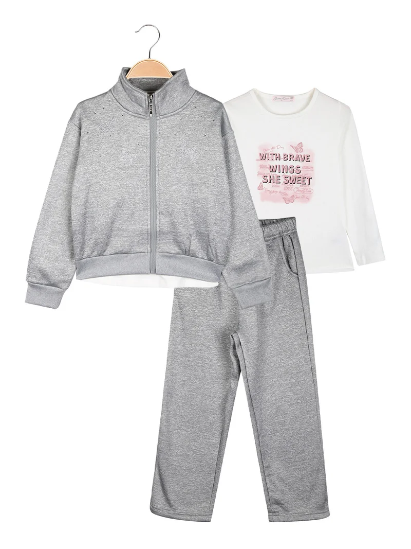 Completo tuta da bambina 3 pezzi con strass - grigio