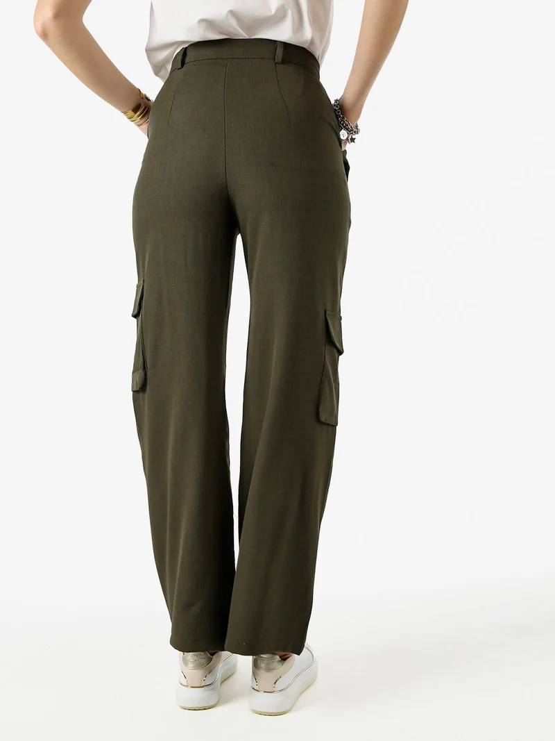 Pantaloni donna a palazzo con tasconi laterali - militare