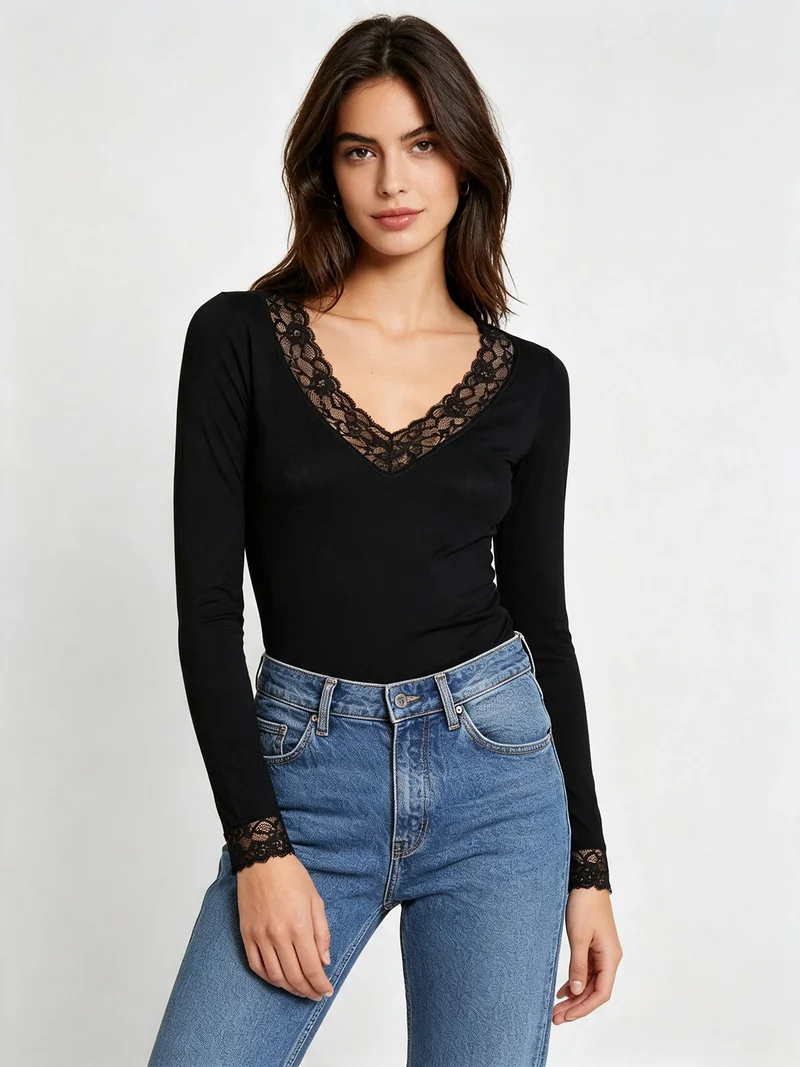 Maglia intima donna manica lunga con pizzo - nero