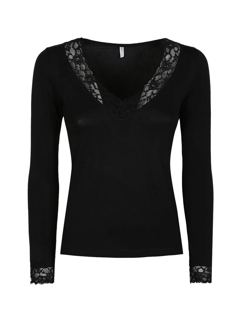 Maglia intima donna manica lunga con pizzo - nero