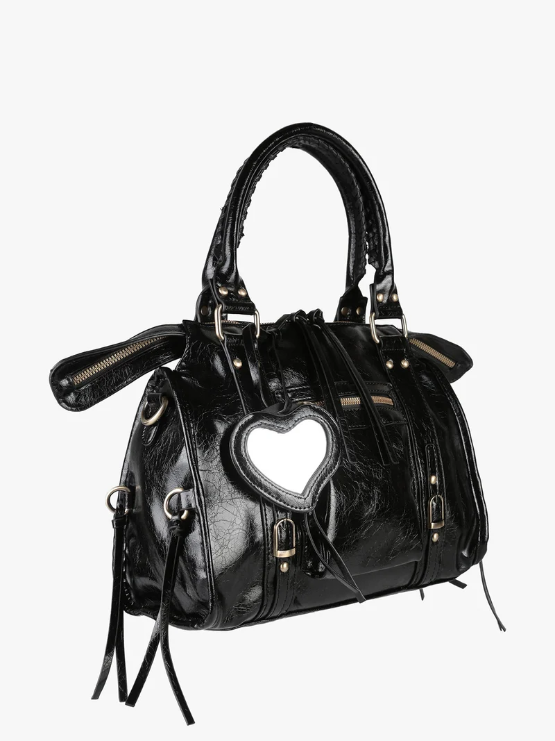 Borsa donna a bauletto con doppi manici e accessorio specchietto - nero