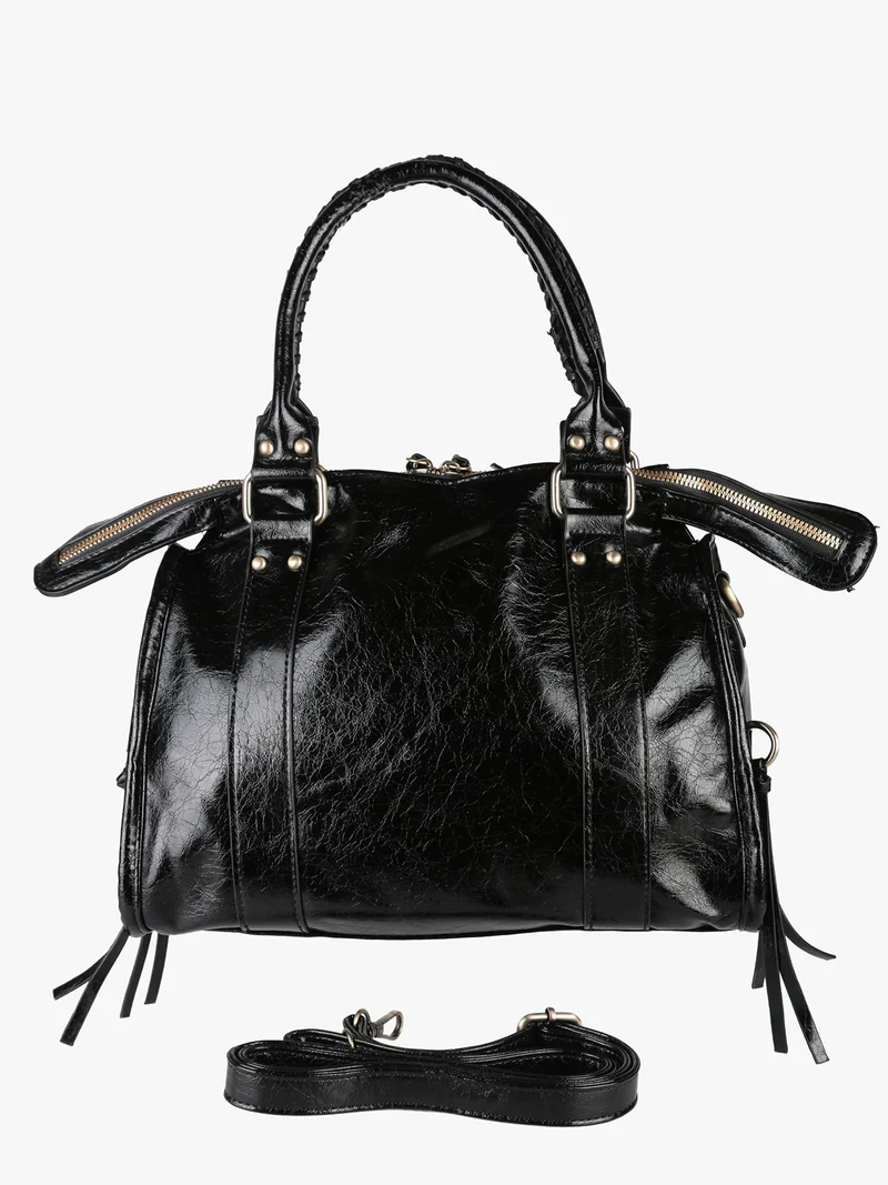 Borsa donna a bauletto con doppi manici e accessorio specchietto - nero