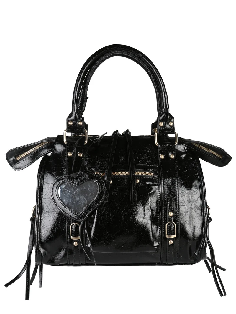 Borsa donna a bauletto con doppi manici e accessorio specchietto - nero
