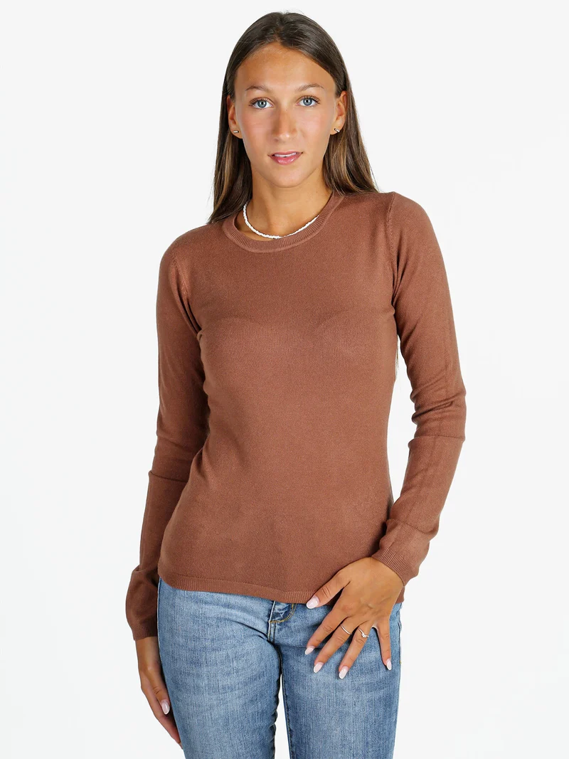 Pullover girocollo donna in maglia - cuoio