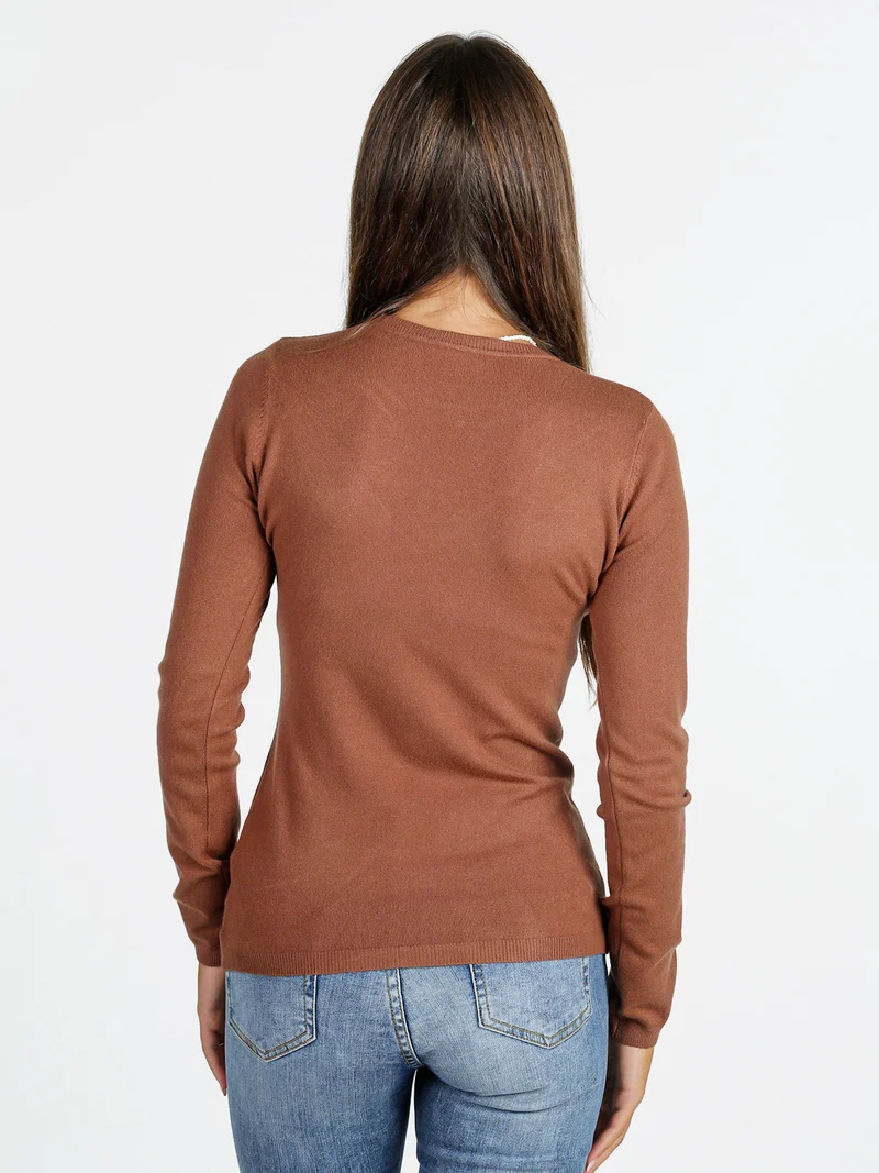 Pullover girocollo donna in maglia - cuoio