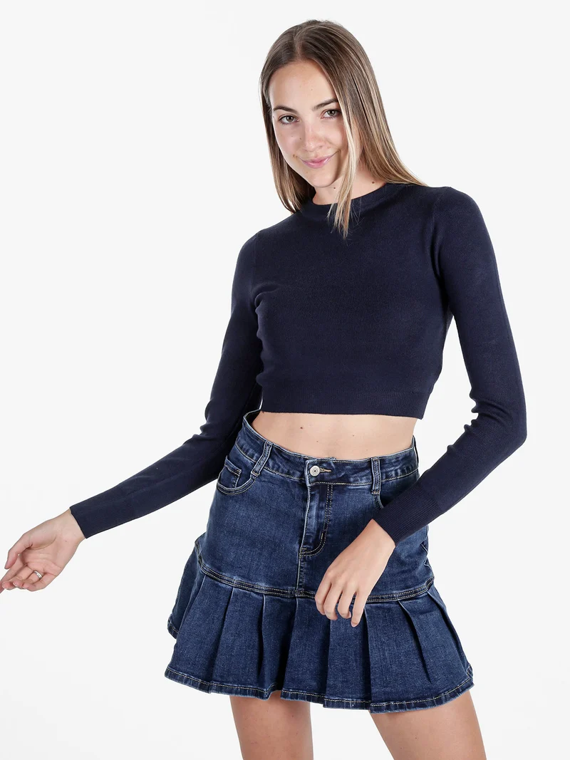 Maglia donna cropped a costine - blu scuro