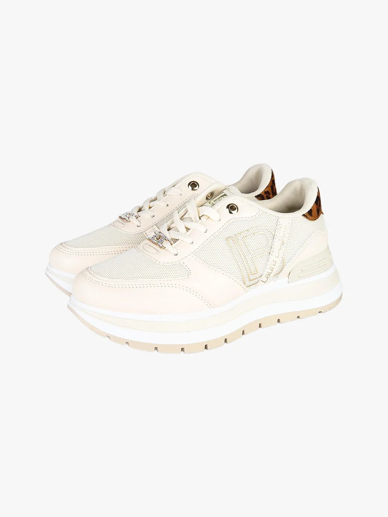 Sneakers donna stringate con platform - beige