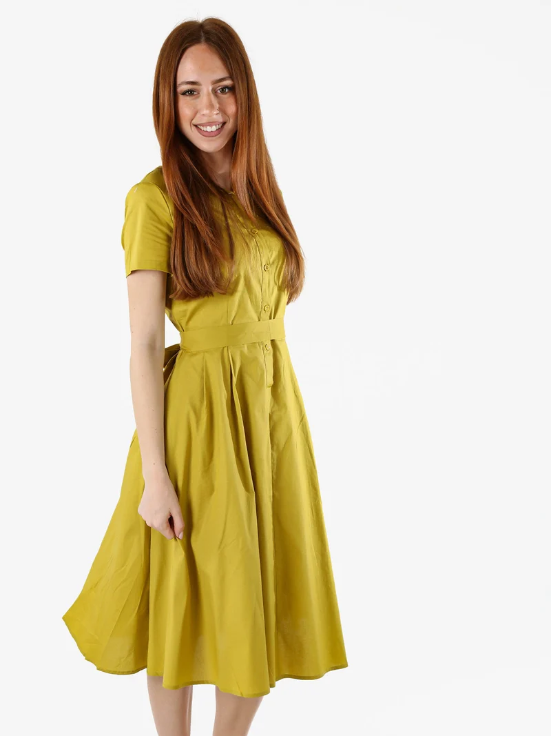 Abito donna in cotone a maniche corte con bottoni sullo scollo - senape