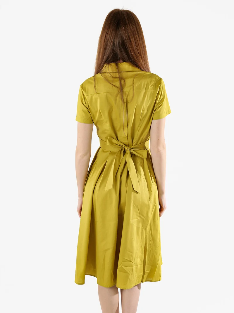 Abito donna in cotone a maniche corte con bottoni sullo scollo - senape