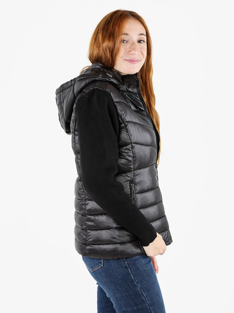 Giubbotto donna imbottito con maniche in maglia e cappuccio - nero