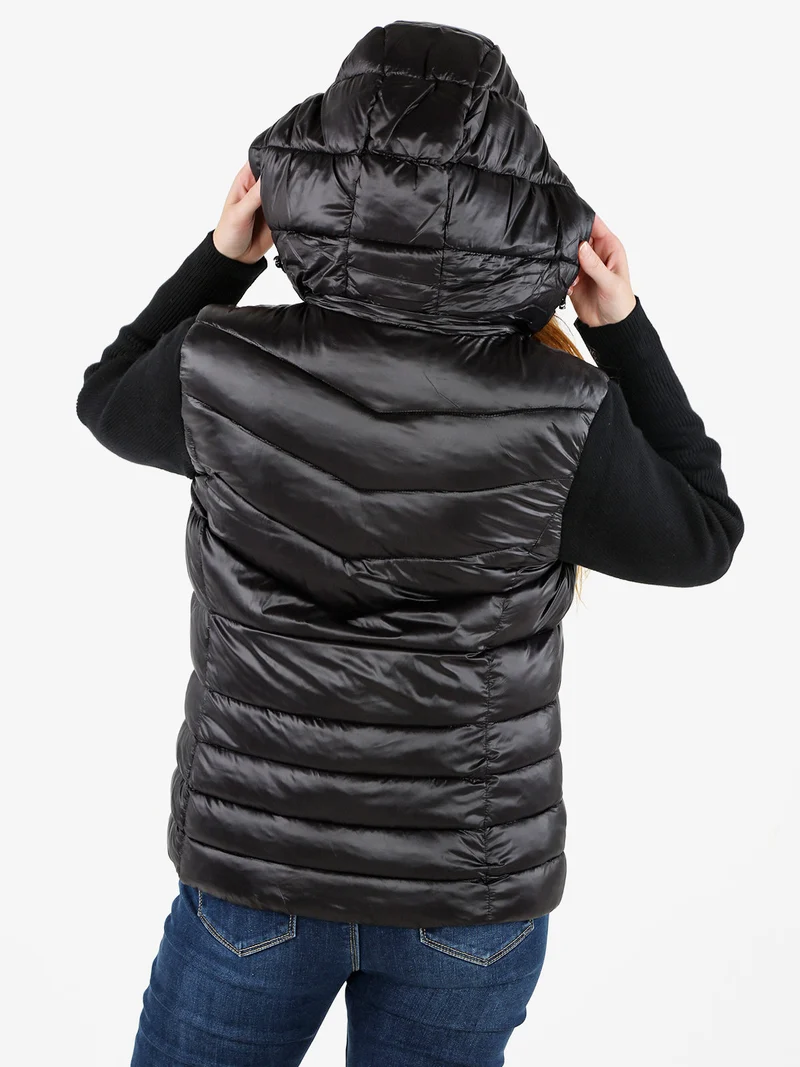 Giubbotto donna imbottito con maniche in maglia e cappuccio - nero