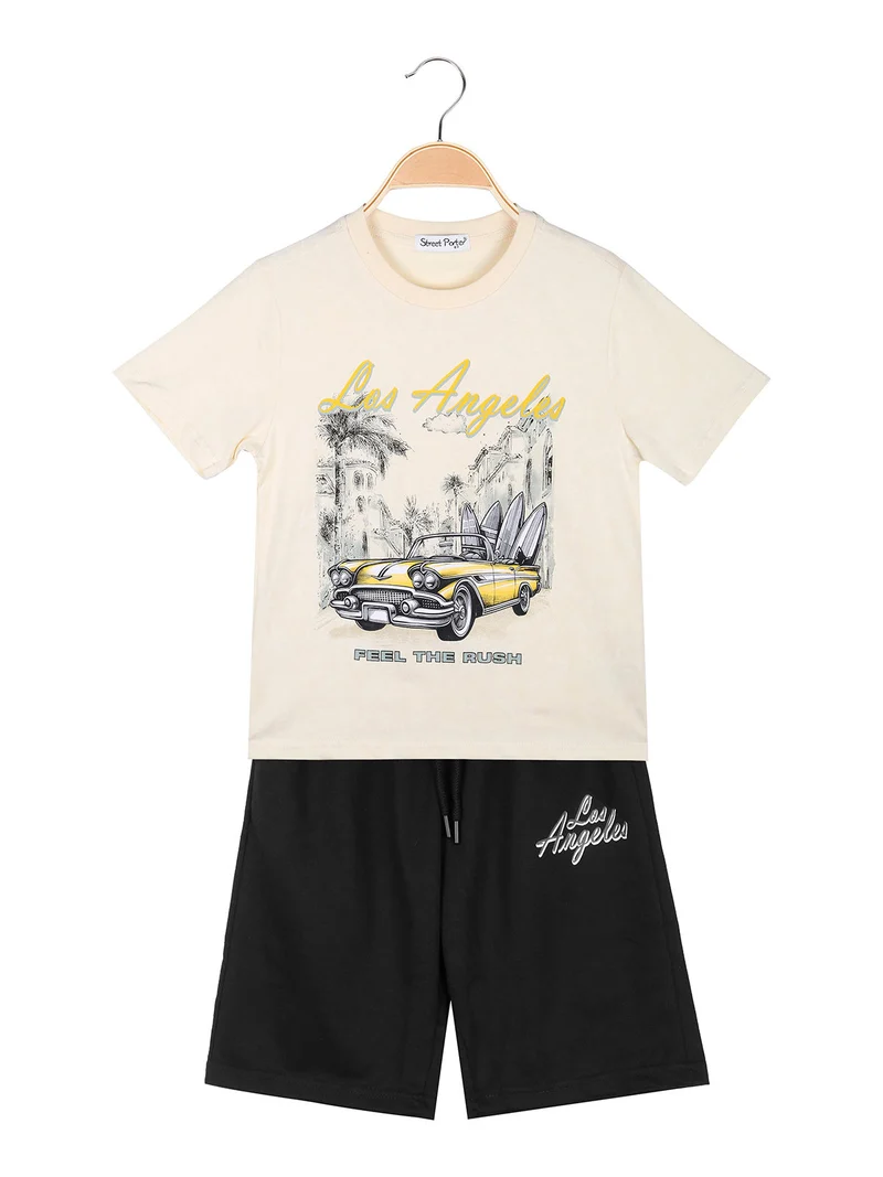 Completo corto da bambino con t-shirt e bermuda - panna