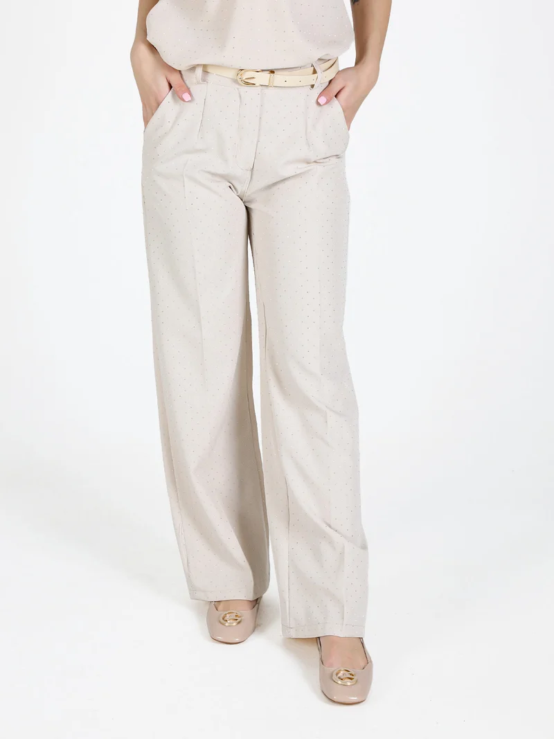 Pantaloni donna a gamba larga con strass - beige