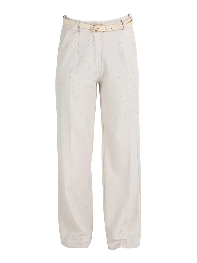 Pantaloni donna a gamba larga con strass - beige