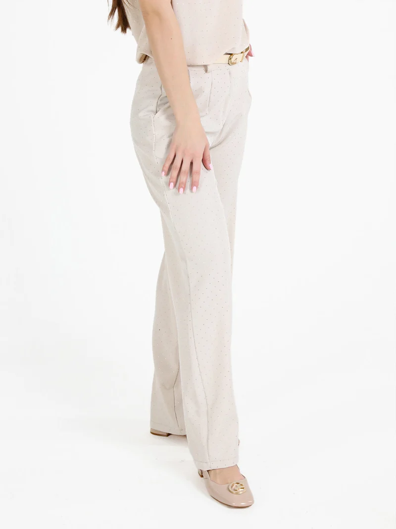 Pantaloni donna a gamba larga con strass - beige