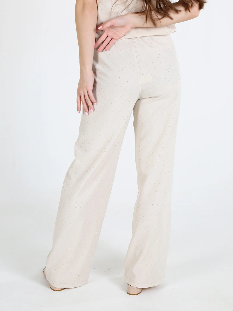 Pantaloni donna a gamba larga con strass - beige