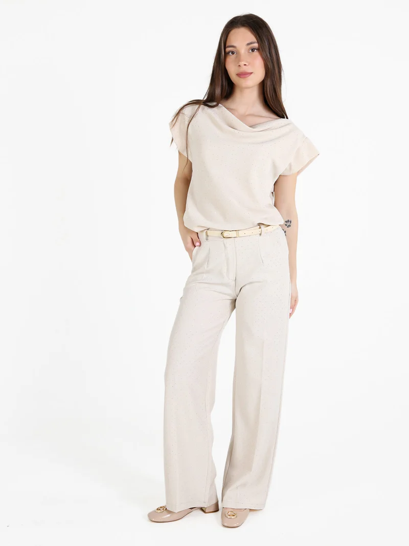 Pantaloni donna a gamba larga con strass - beige