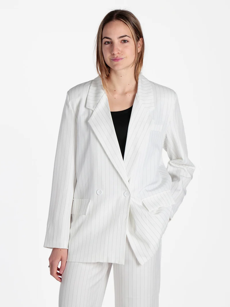 Blazer donna gessato con chiusura a doppio petto - bianco