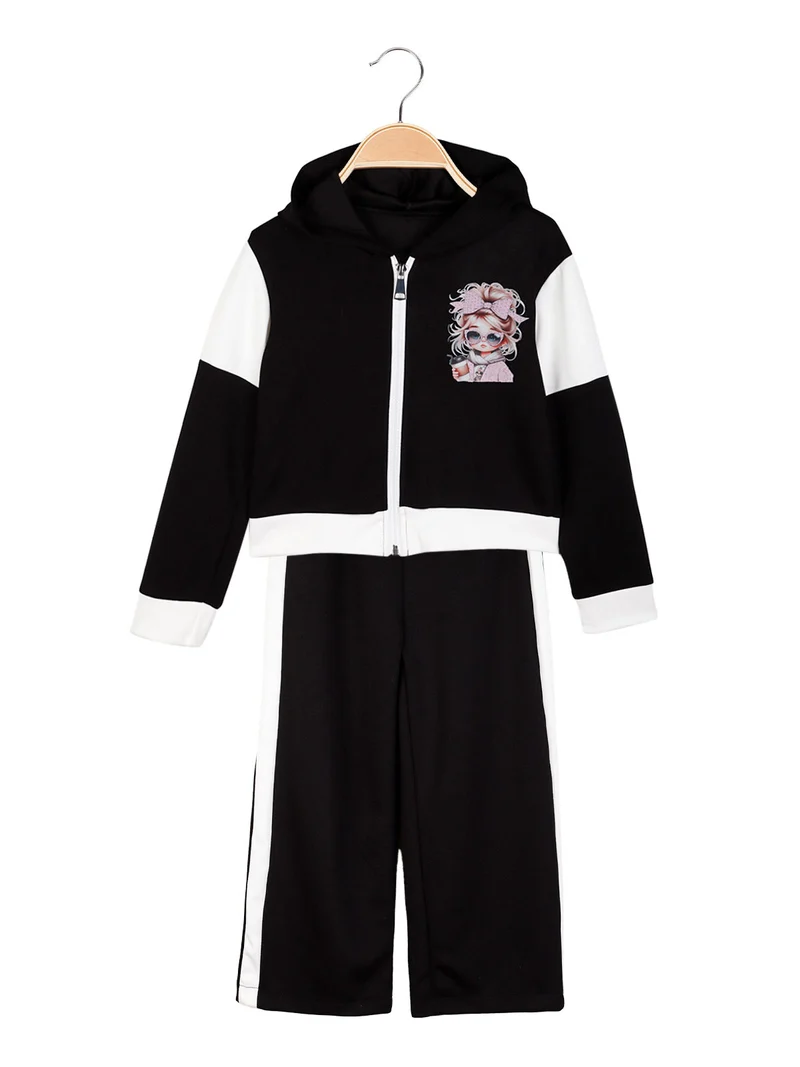 Completo 2 pezzi da bambina con cappuccio e zip - nero