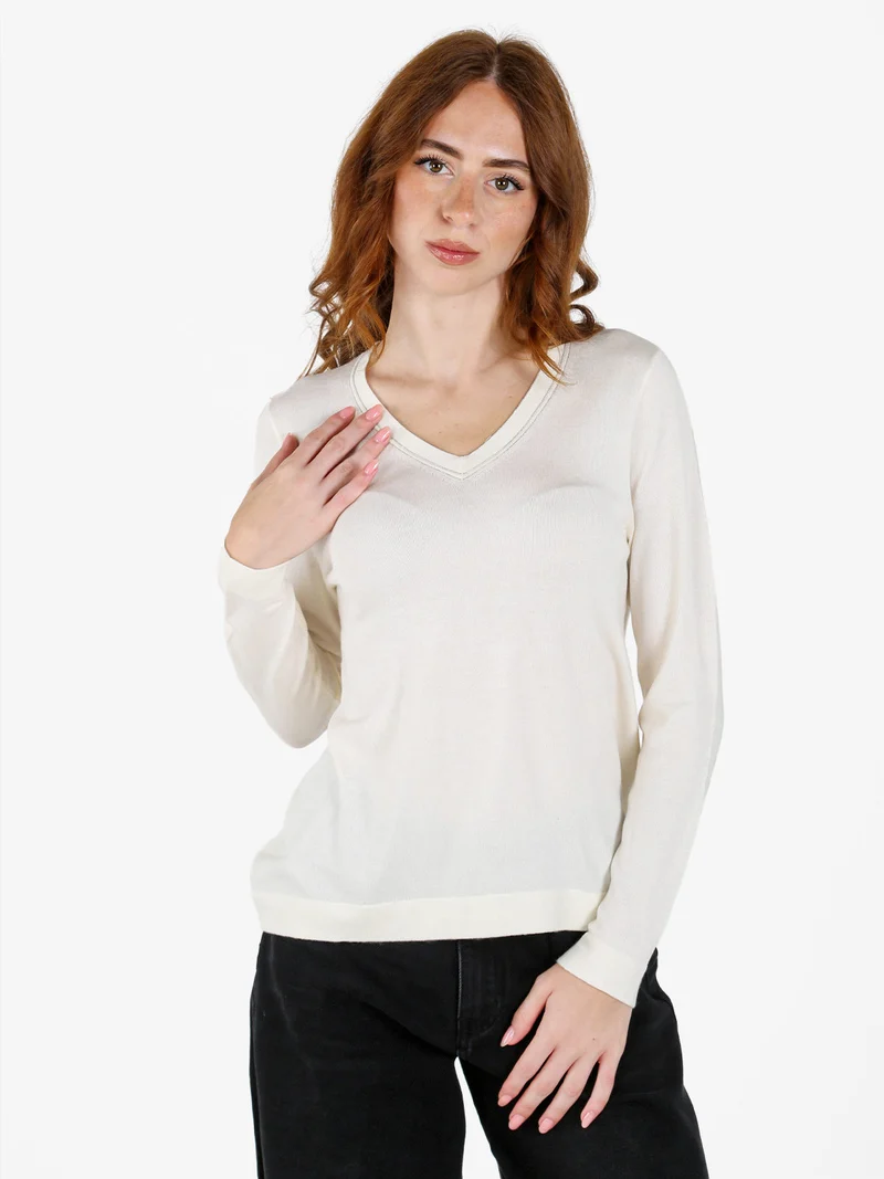 Pullover donna in maglia con scollo a V - bianco