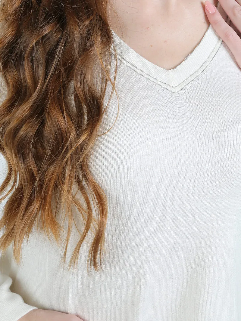 Pullover donna in maglia con scollo a V - bianco