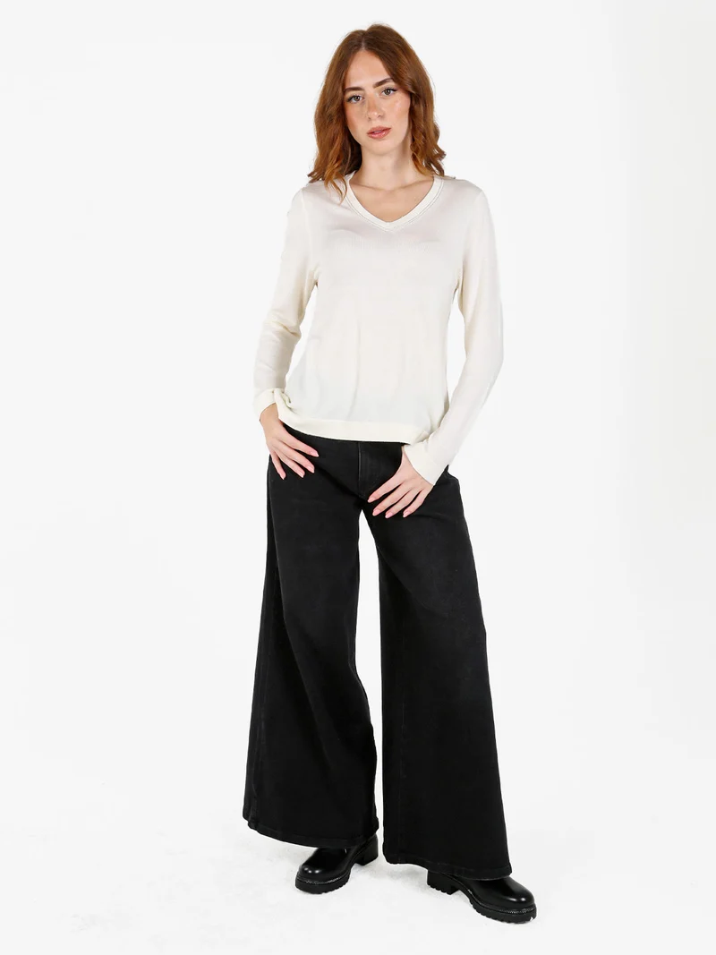 Pullover donna in maglia con scollo a V - bianco