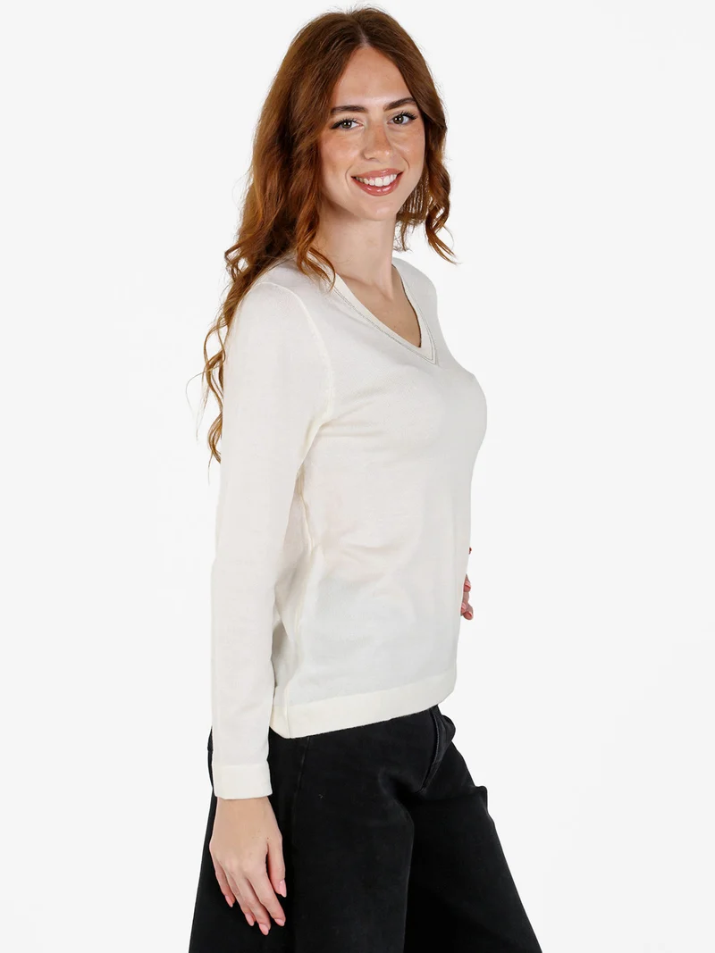 Pullover donna in maglia con scollo a V - bianco