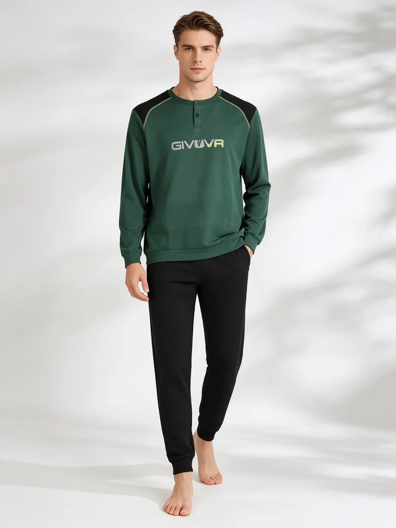 Pigiama lungo da uomo in cotone interlock - verde