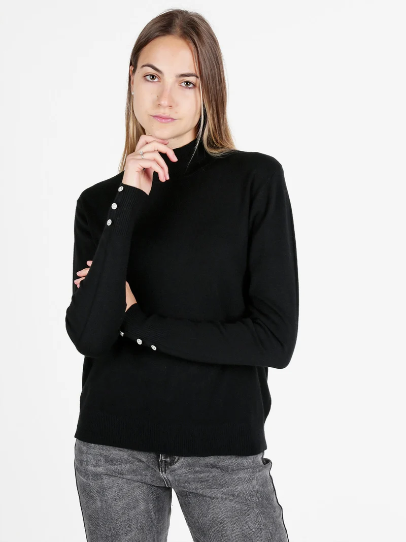 Maglia donna a lupetto con bottoni gioiello sui polsini - nero