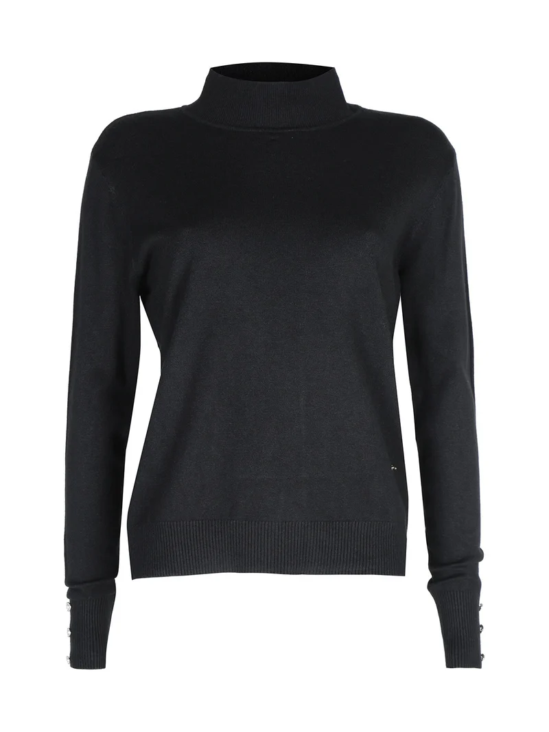 Maglia donna a lupetto con bottoni gioiello sui polsini - nero