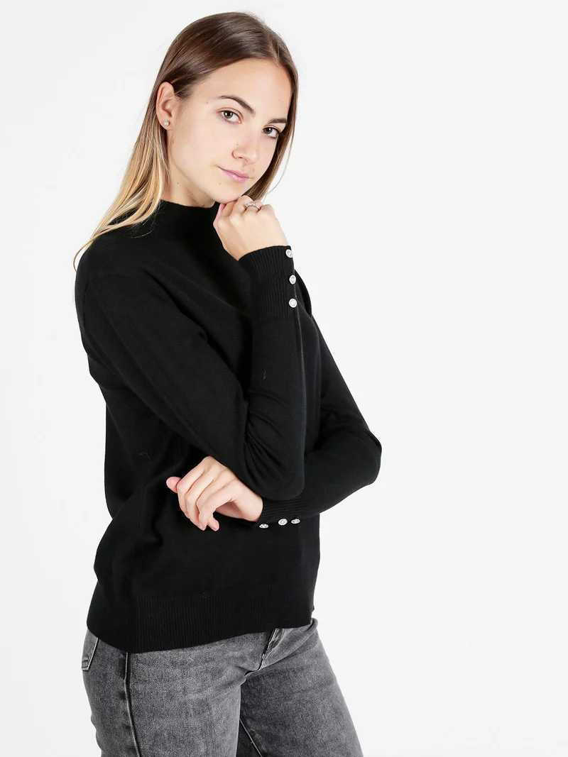 Maglia donna a lupetto con bottoni gioiello sui polsini - nero