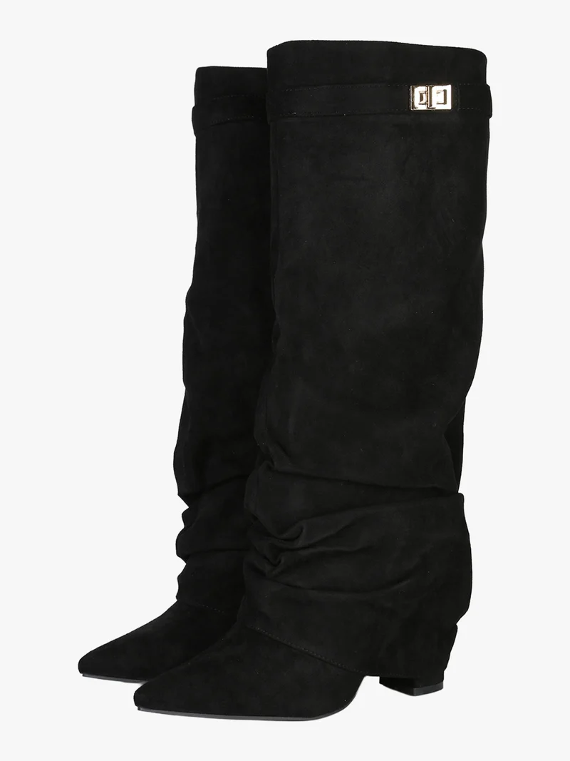 Stivali slouchy da donna scamosciati con gambale a doppio strato - nero